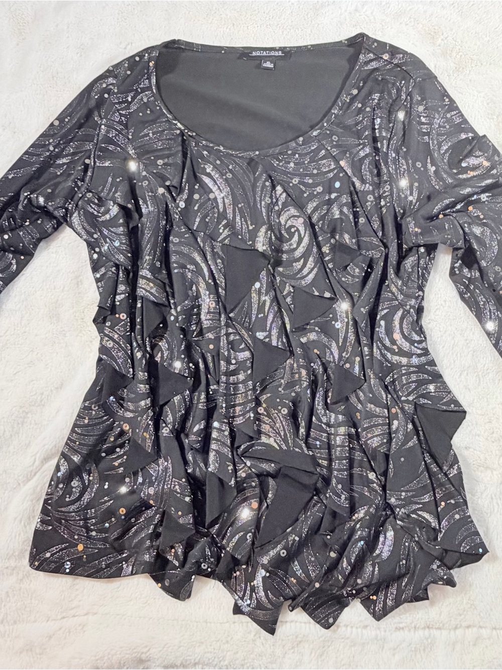 Notations Black Long-Sleeve Ruffle Top with Iridescent Swirl Accents